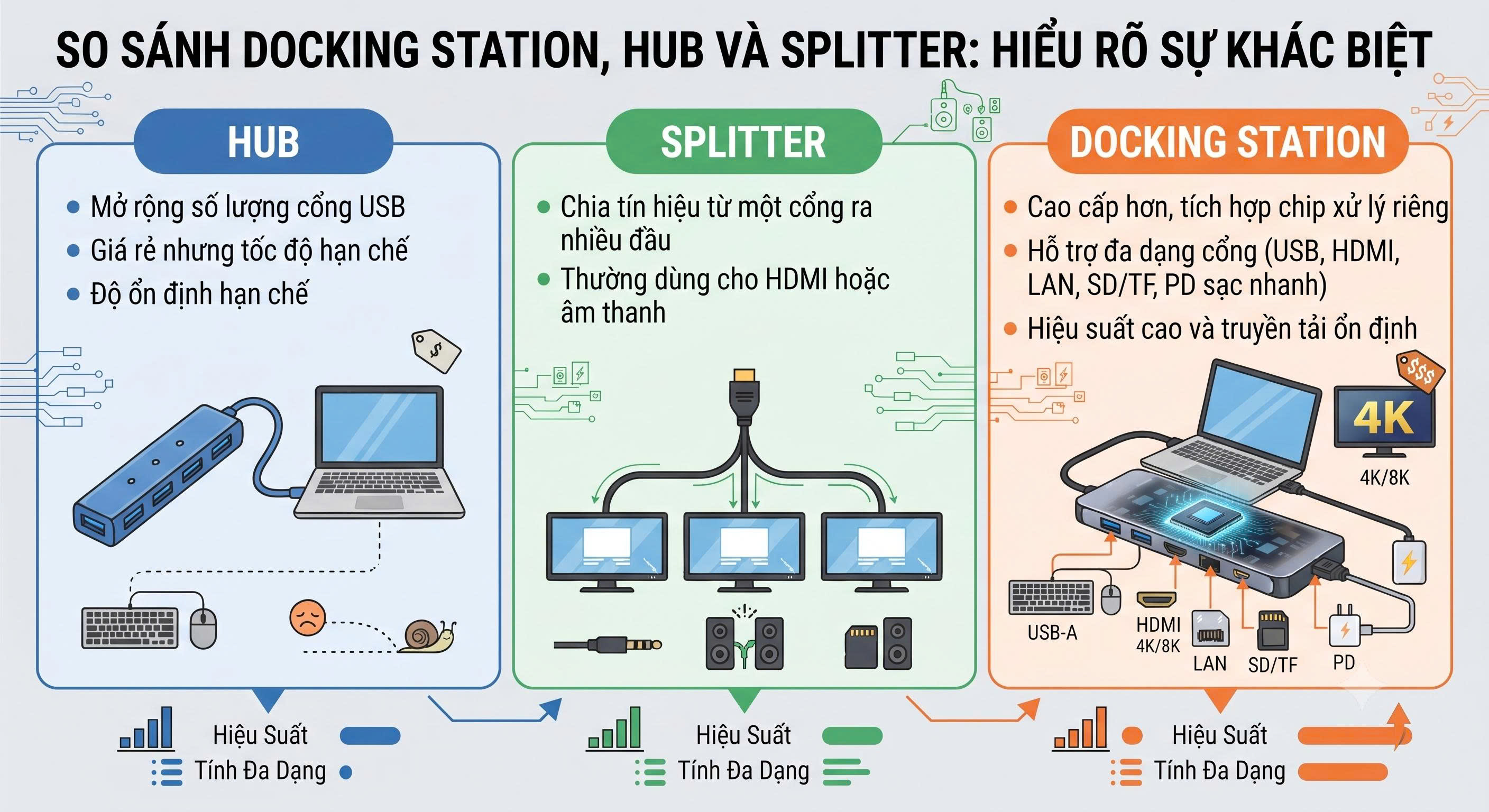 So s&aacute;nh Docking station, Hub v&agrave; Splitter