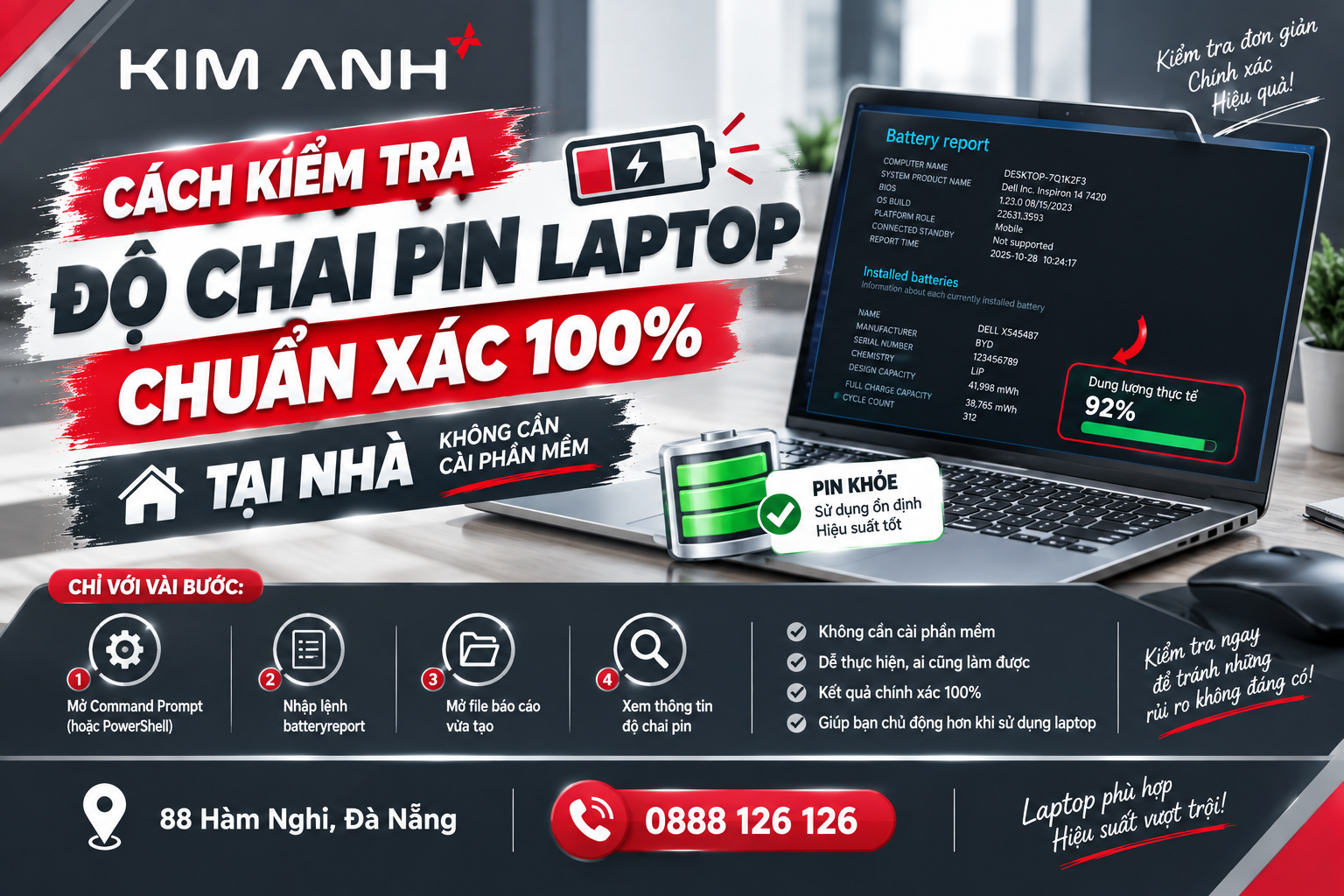 Cách kiểm tra độ chai pin laptop chuẩn xác 100% tại nhà không cần cài phần mềm