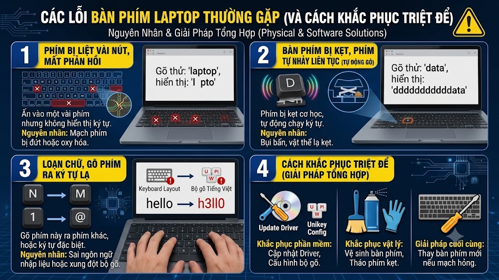 Bàn phím laptop bị liệt vài nút, loạn chữ hoặc tự động nhảy phím (kẹt phím): Nguyên nhân và cách khắc phục triệt để. Bàn phím laptop bị liệt vài nút, loạn chữ hoặc tự động nhảy phím (kẹt phím): Nguyên nhân và cách khắc phục triệt để.