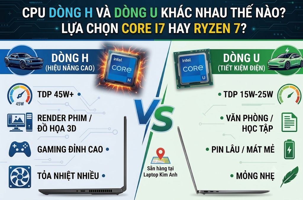 CPU Dòng H Và Dòng U Khác Nhau Thế Nào? Nên Chọn Core i7 Hay Ryzen 7 Tại Laptop Kim Anh?