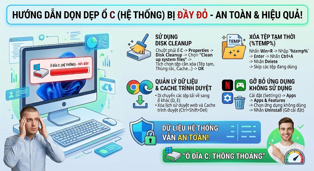 Hướng dẫn dọn dẹp ổ C bị đầy đỏ không lo bị mất dữ liệu hệ thống