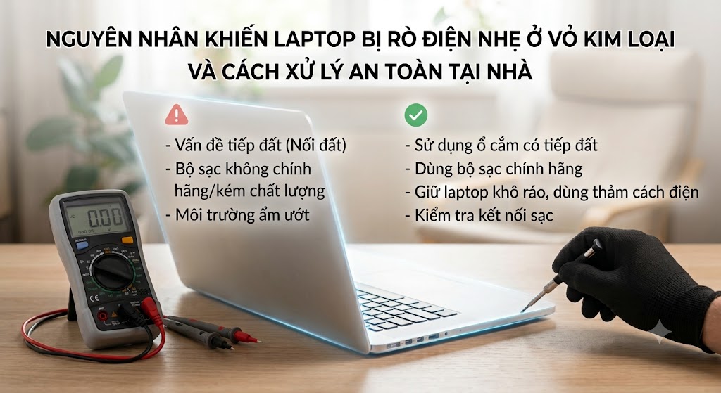 Nguyên nhân khiến laptop bị rò điện nhẹ ở vỏ kim loại và cách xử lý an toàn tại nhà. Nguyên nhân khiến laptop bị rò điện nhẹ ở vỏ kim loại và cách xử lý an toàn tại nhà.