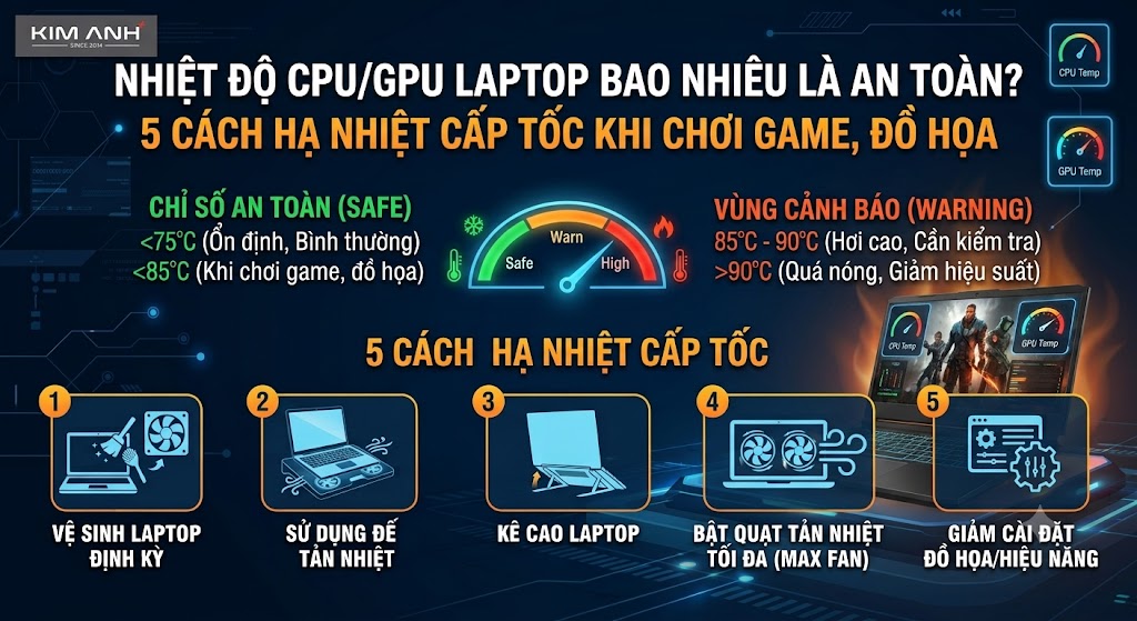 Nhiệt độ CPU/GPU laptop bao nhiêu là an toàn? 5 Cách hạ nhiệt cấp tốc khi chơi game, đồ họa.
