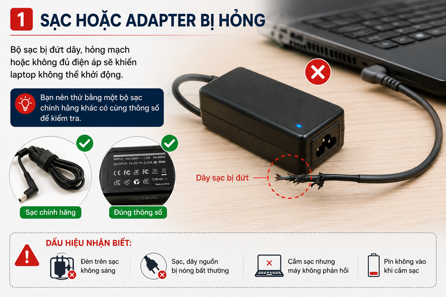 Sạc hoặc adapter bị hỏng l&agrave; một trong những nguy&ecirc;n nh&acirc;n phổ biến khiến laptop kh&ocirc;ng l&ecirc;n nguồn.
