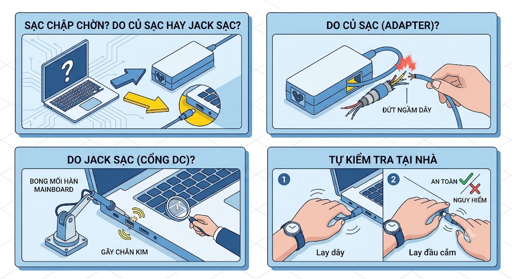 Laptop cắm sạc chập chờn: Do củ sạc hay hỏng jack sạc? Laptop cắm sạc chập chờn: Do củ sạc hay hỏng jack sạc?