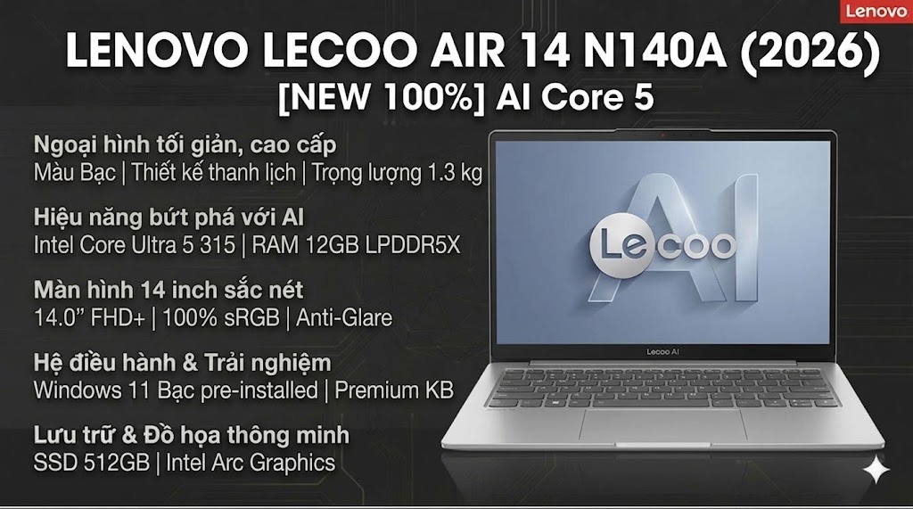  [NEW 100%] Laptop Lenovo Lecoo Air 14 N140A (2026) AI Core 5-315/ RAM 12GB / SSD 512GB / Màn 14 inch FHD + Win 11 Bạc 