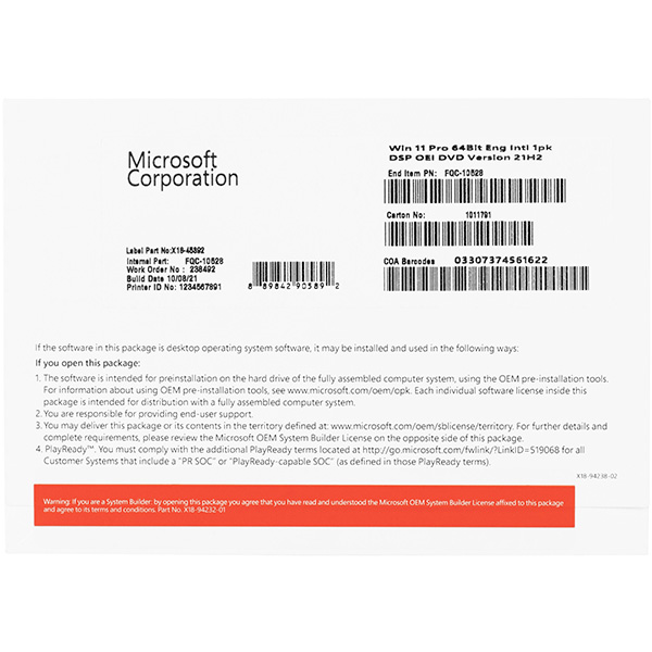 Phần mềm Microsoft Windows 11 Pro 64-Bit Eng Intl 1pk DSP OEI DVD(FQC-10528)