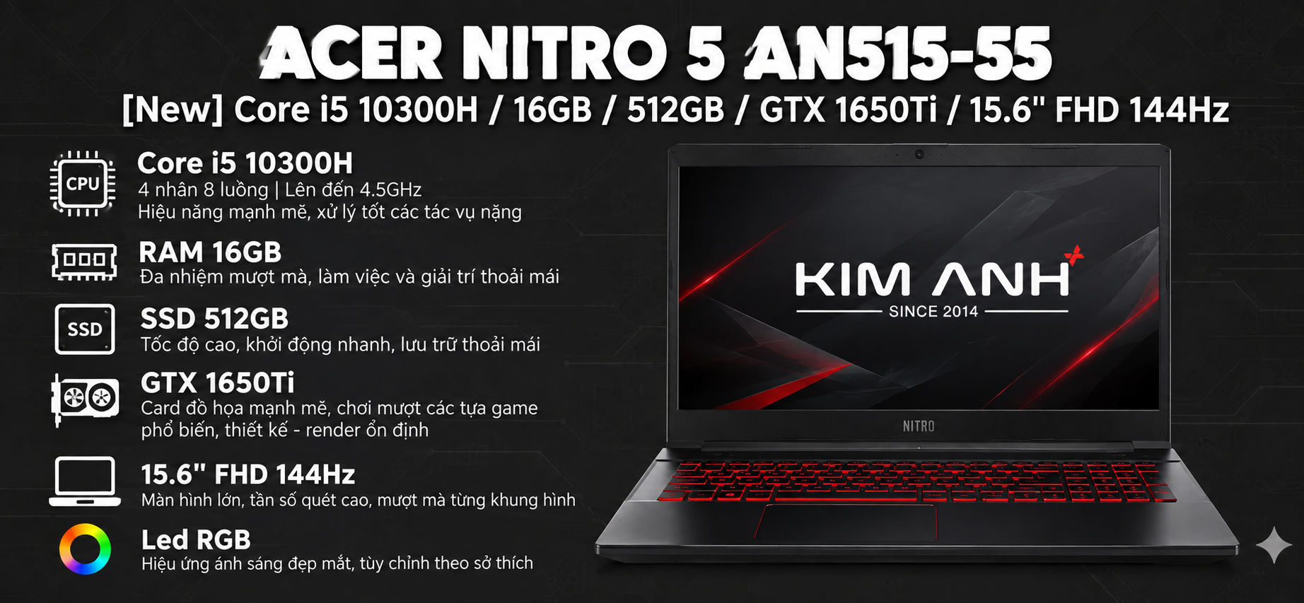 Laptop Acer Nitro 5 AN515-55 Core i5-10300H/ RAM 16GB/ SSD 512GB/ 15.6” FHD 144Hz/ GTX 1650Ti/ Led RGB Laptop Acer Nitro 5 AN515-55 Core i5-10300H/ RAM 16GB/ SSD 512GB/ 15.6” FHD 144Hz/ GTX 1650Ti/ Led RGB-1297