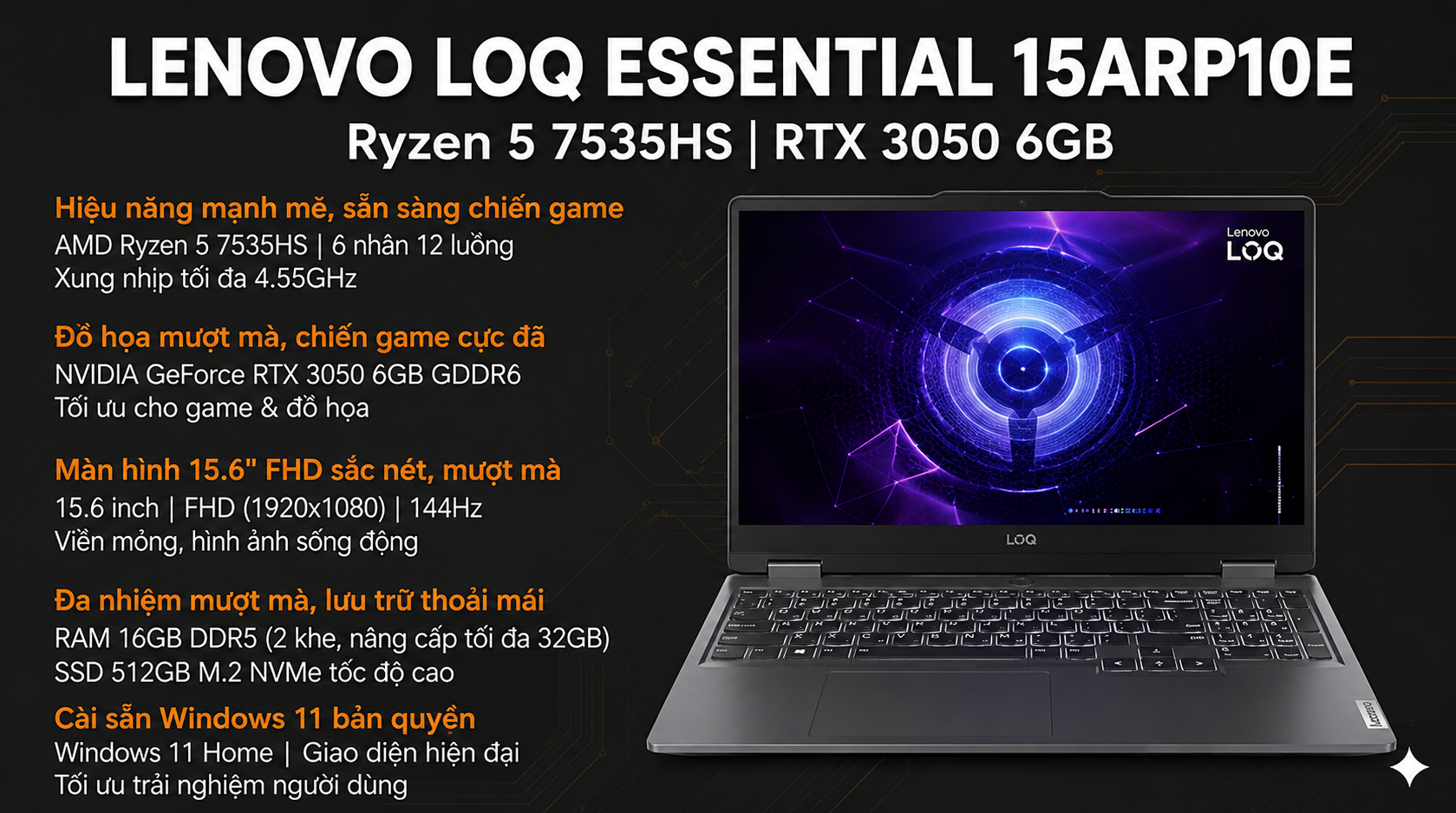 [ NEW 100%] Laptop Lenovo LOQ Essential 15ARP10E Ryzen 5 7535HS / RAM 16GB / SSD 512GB /RTX 3050 6GB / Màn 15.6 FHD 144Hz / Win 11 Home 