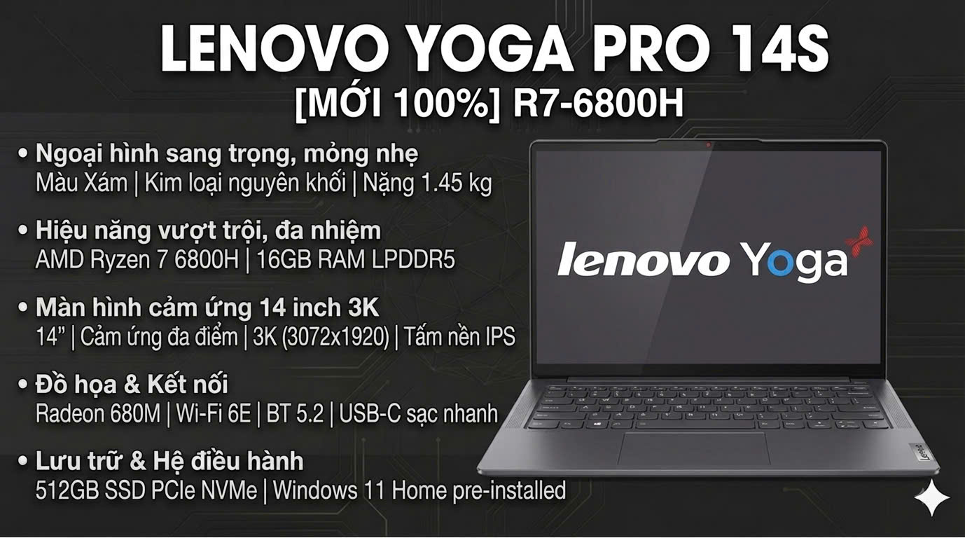 [ NEW100%] Laptop Lenovo YOGA Pro14S R7-6800H 16G 512G, màn hình cảm ứng 14 inch 3K
